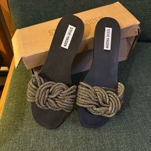 Steve Madden Black and Gold Knot Slide Sandals